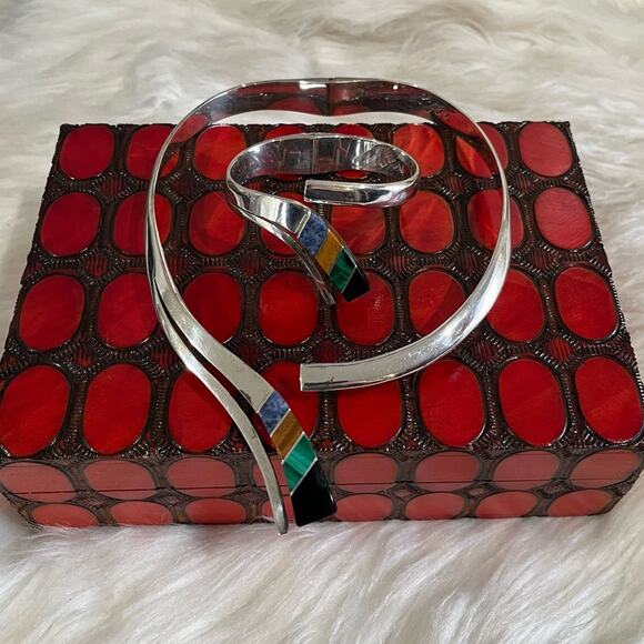 NEW TAXCO Mexico Vintage 925 Sterling Multi Stone Inlay Collar Necklace Bracelet - Picture 4 of 14